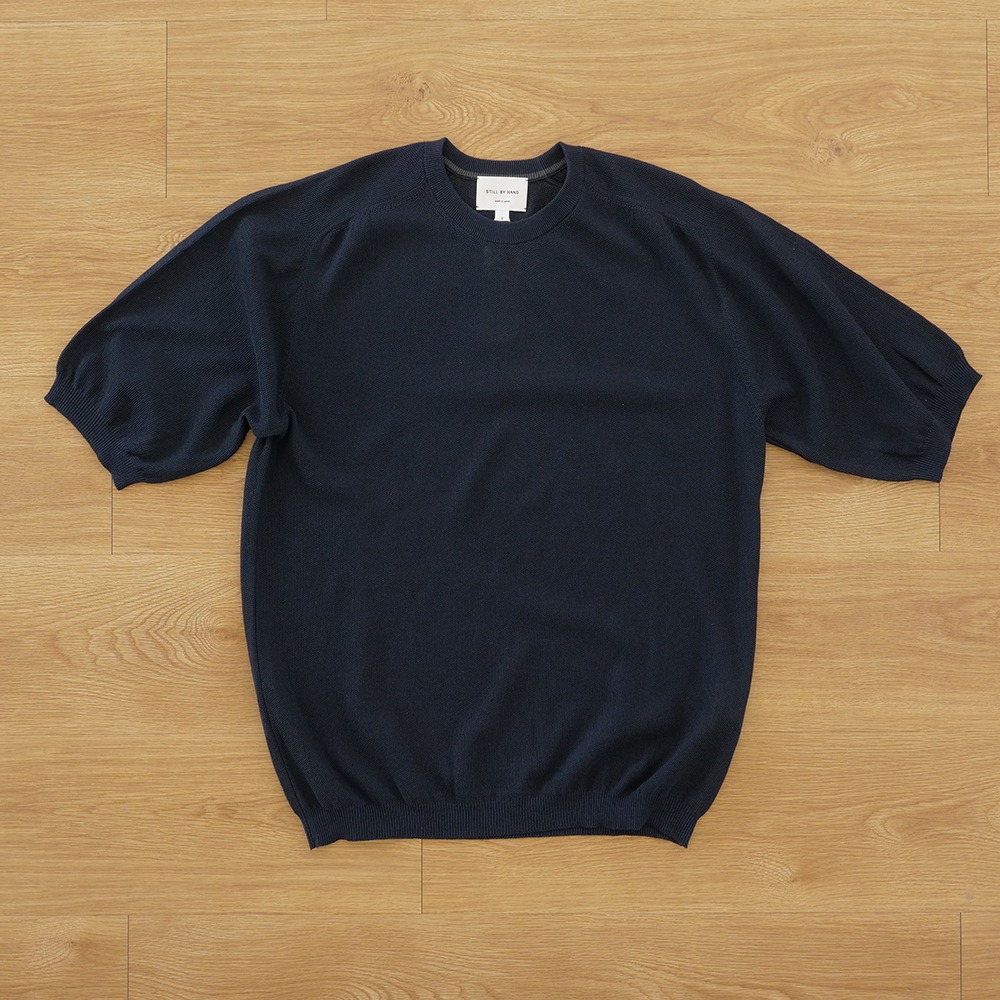 [Still By Hand]  KN06231OS - Half Sleeve Knit T-Shirt Navy